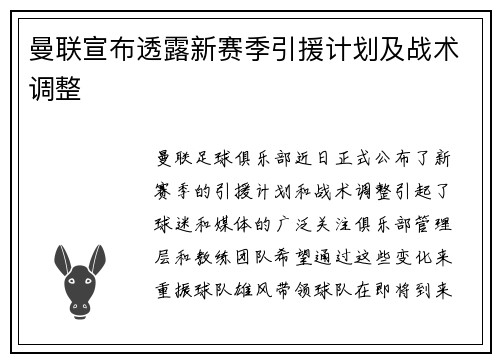 曼联宣布透露新赛季引援计划及战术调整