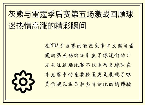 灰熊与雷霆季后赛第五场激战回顾球迷热情高涨的精彩瞬间