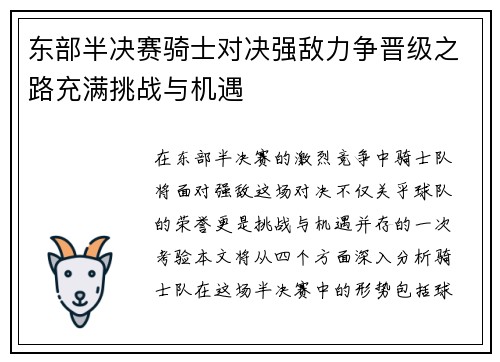 东部半决赛骑士对决强敌力争晋级之路充满挑战与机遇